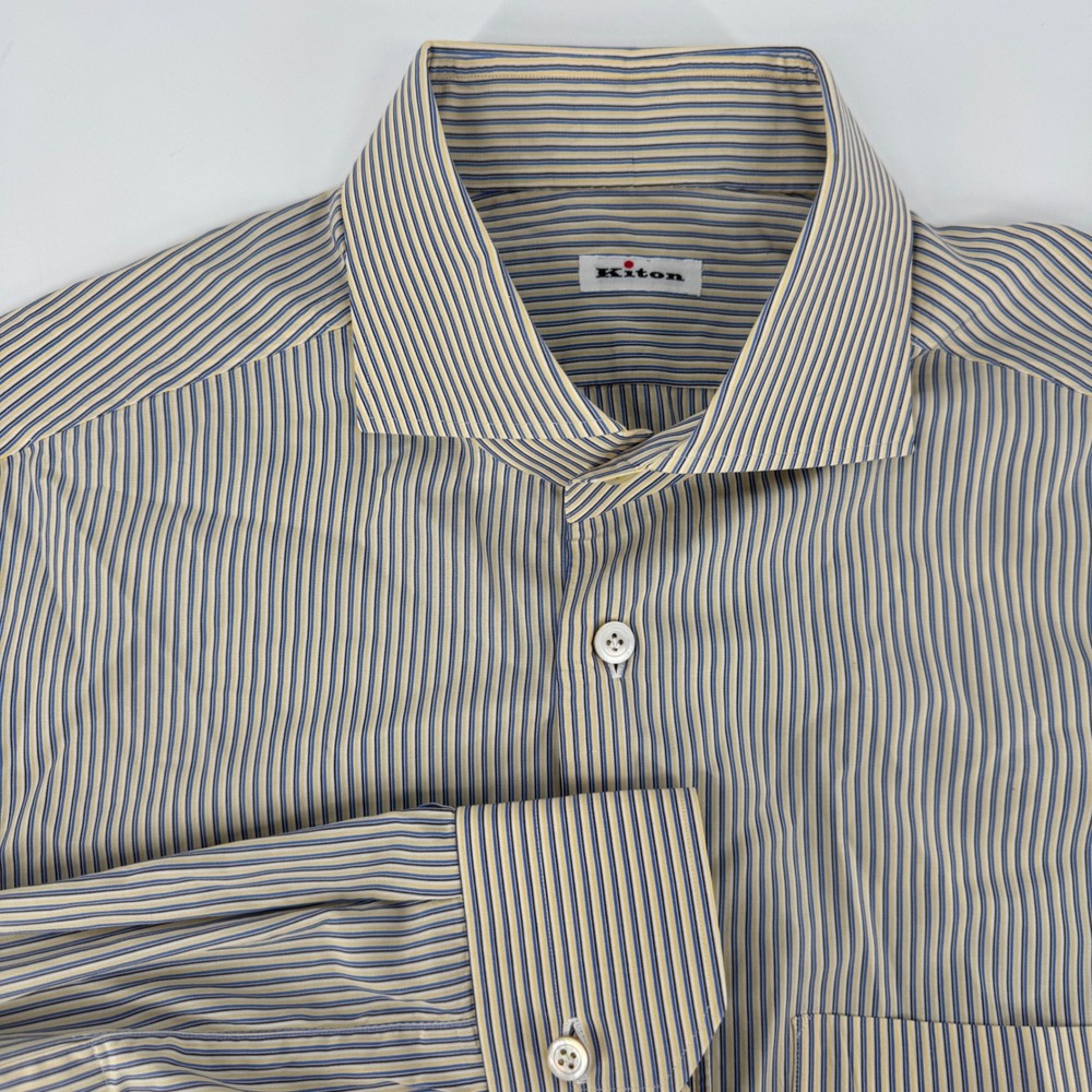 Kiton Mens Blue Yellow Striped Cotton Button Up Dress Shirt Size 41 16 READ